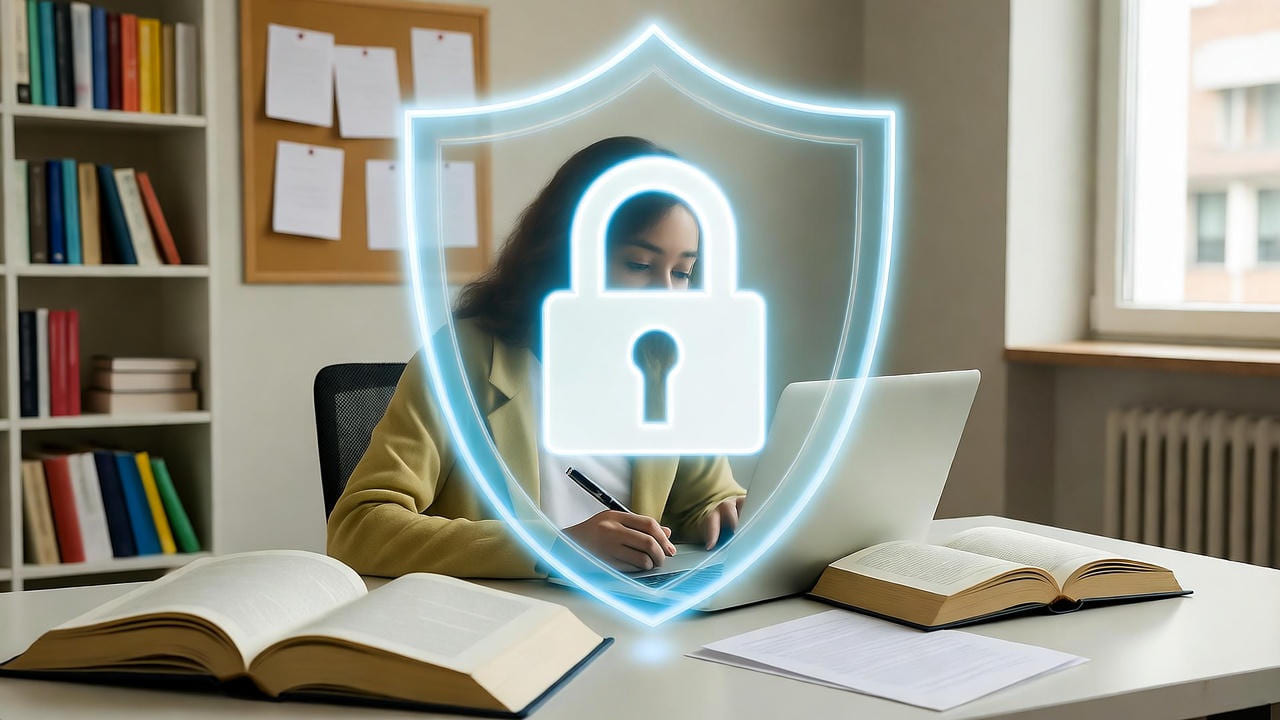 Focused student sitting at a desk with open books and a laptop, writing notes while studying in a bright home office, overlaid with a glowing digital padlock and shield icon symbolizing online security, privacy protection, data encryption, and safe remote learning environment.